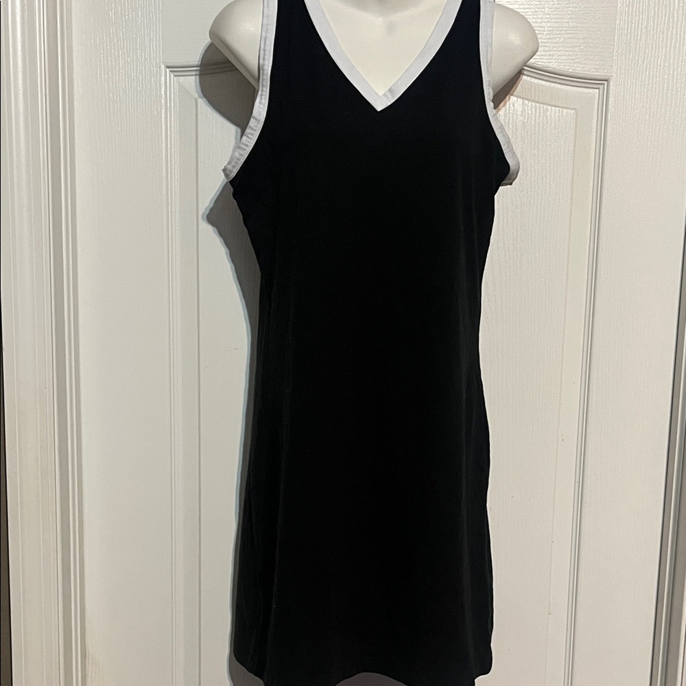 CALVIN KLEIN Black Sleeveless V-Neck Shift Dress with White Trim Size S